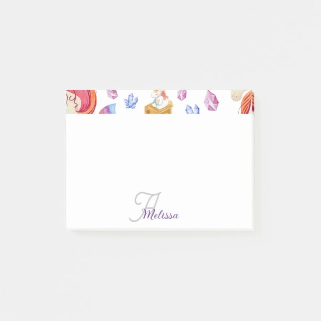 Cute Girly Pink Rainbow Star Name Monogram Unicorn Post-it Notes (Front)