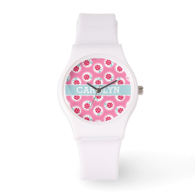 Cute girly pink raspberry patterns monogram watch (Front)