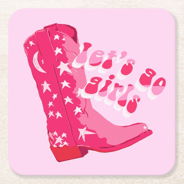 Cute Girly Pink Red Disco Cowgirl Boot Square Paper Coaster (Front)