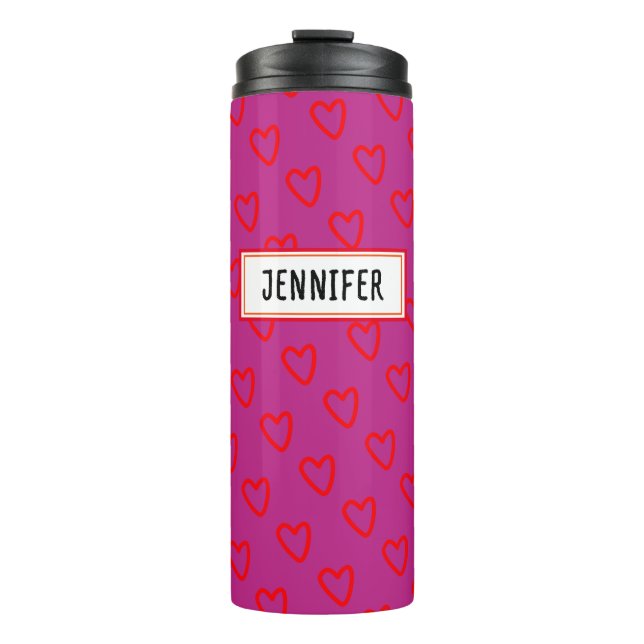Cute Girly Pink Red Heart Pattern With Name Label Thermal Tumbler (Front)