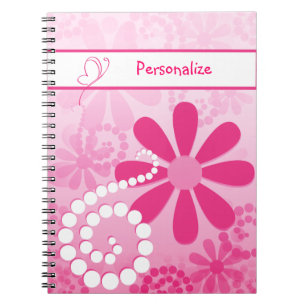 Cute Girly Pink Retro Flowers With Name Notebook