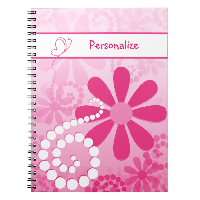 Cute Girly Pink Retro Flowers With Name Notebook (Front)