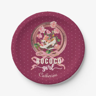 Cute Girly Pink Rococo Shoe Roses Bow Name Paper Plate