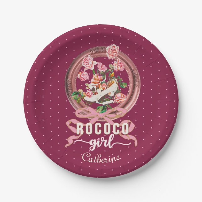 Cute Girly Pink Rococo Shoe Roses Bow Name Paper Plate (Front)