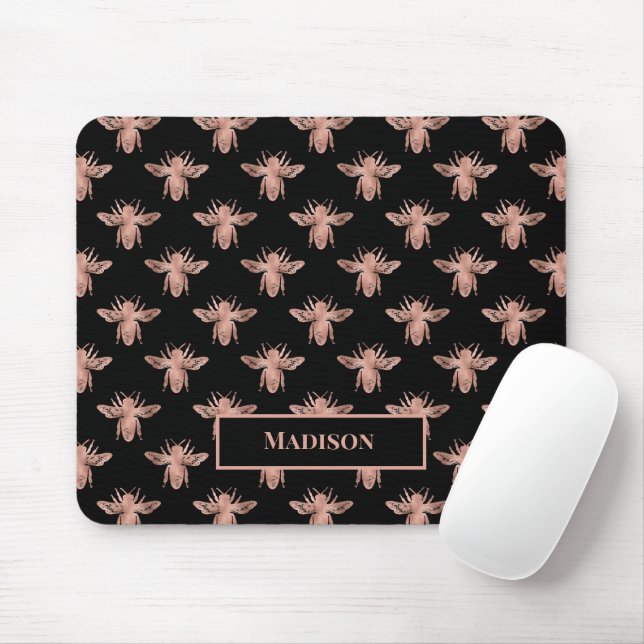 Cute Girly Pink Rose Gold Bees Black Monogram Mouse Pad (With Mouse)