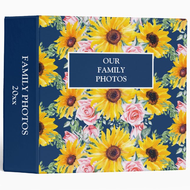 Cute Girly Pink Roses Sunflowers Navy Blue Photo Binder (Front/Spine)