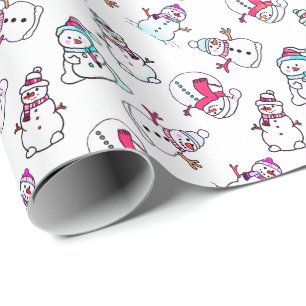 Cute Girly Pink Snowman White Christmas Wrapping Paper
