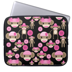 Cute Girly Pink Sock Monkeys Girls on Black Laptop Sleeve