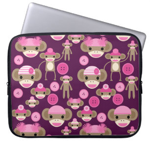 Cute Girly Pink Sock Monkeys Girls on Purple Laptop Sleeve
