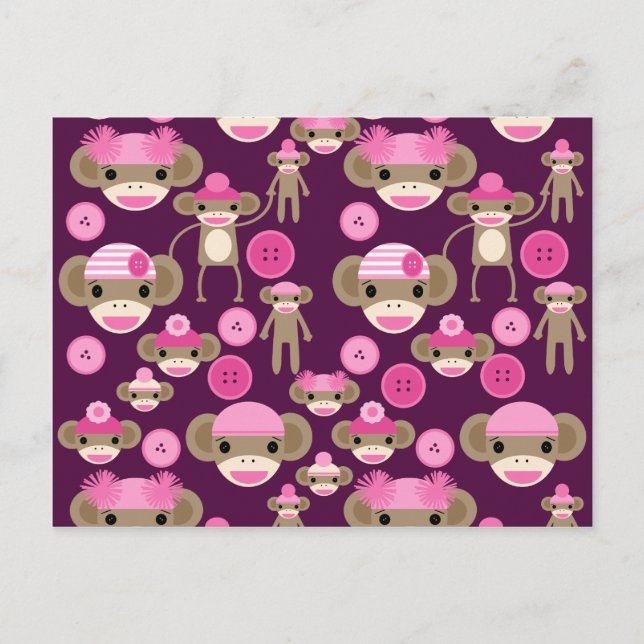 Cute Girly Pink Sock Monkeys Girls on Purple Postcard (Front)