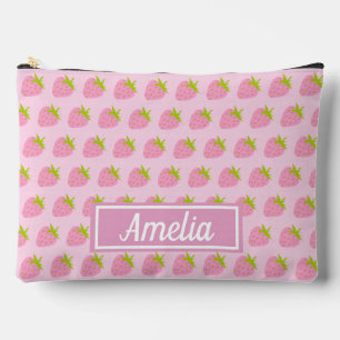 Cute Girly Pink Strawberry Pattern Personalised Accessory Pouch