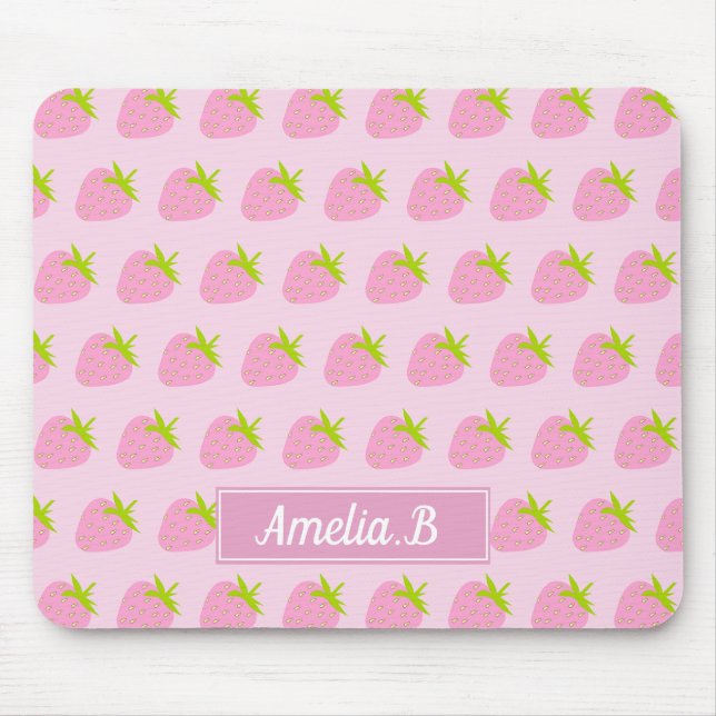 Cute Girly Pink Strawberry Pattern Personalised Mouse Pad (Front)