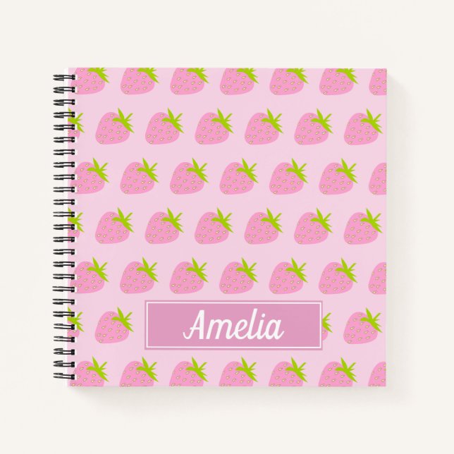 Cute Girly Pink Strawberry Pattern Personalised Notebook (Front)