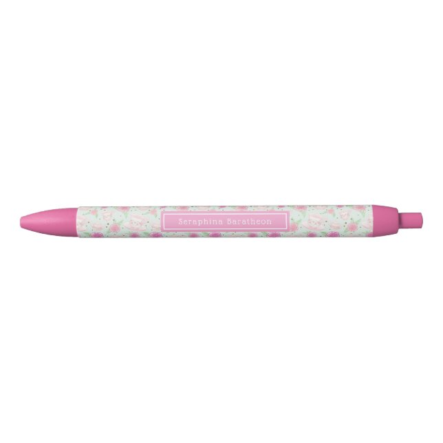 Cute Girly Pink Tea Party Personalized Name Black Ink Pen (Front)