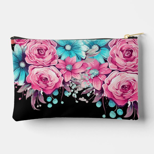 Cute Girly Pink & Teal Floral Make-up Bag (Back)