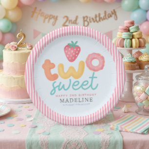 Cute Girly Pink Two Sweet Summer 2nd Birthday Paper Plate