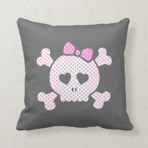 Cute Girly Polka Dot Skull Pink Black Throw Pillow