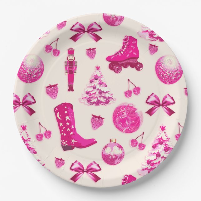 Cute Girly Preppy Pink Christmas Pattern Paper Plate (Front)
