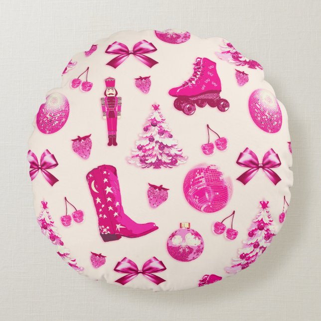 Cute Girly Preppy Pink Christmas Pattern Round Pillow (Front)