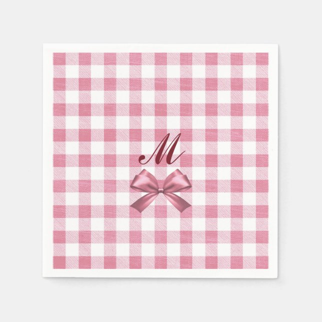 Cute Girly Preppy Pink Gingham Plaid Bow Monogram Napkin (Front)
