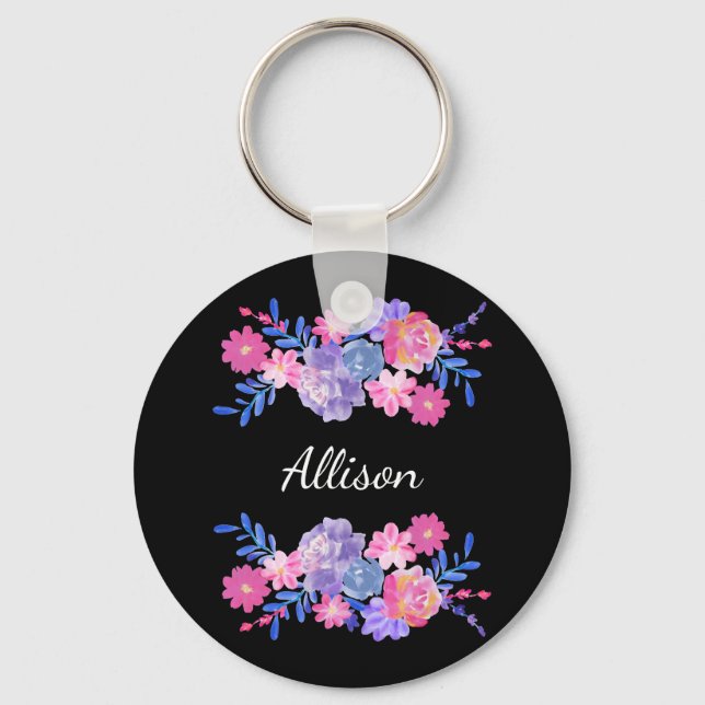 Cute Girly Pretty Floral Custom Monogram Key chain (Front)