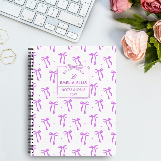 Cute Girly Purple and White Coquette Bows Monogram Notebook (Creator Uploaded)