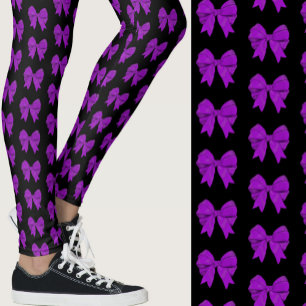 Cute Girly Purple Bow Pattern on Black Leggings