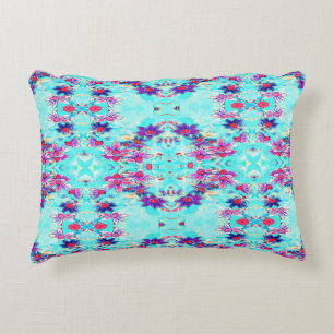 Cute Girly Purple Flower Pattern on Aqua Blue Accent Pillow