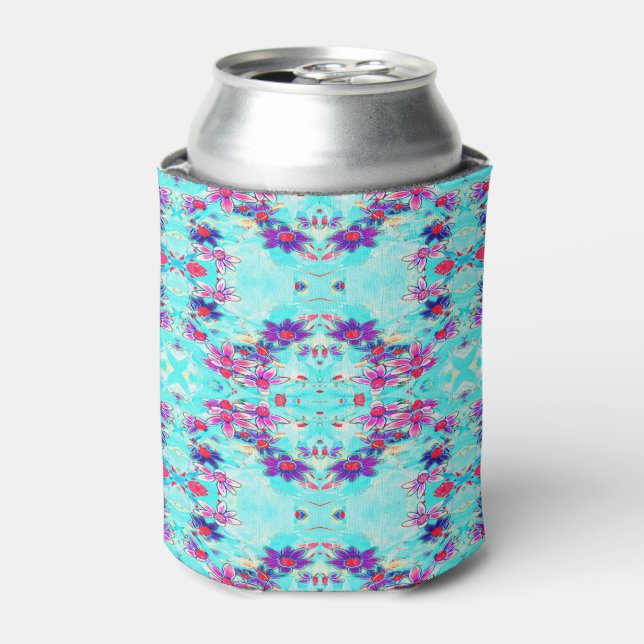 Cute Girly Purple Flower Pattern on Aqua Blue Can Cooler (Can Front)
