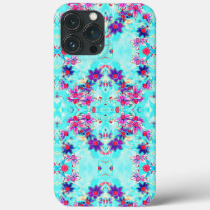 Cute Girly Purple Flower Pattern on Aqua Blue iPhone 13 Pro Max Case