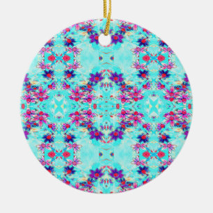 Cute Girly Purple Flower Pattern on Aqua Blue Ceramic Ornament