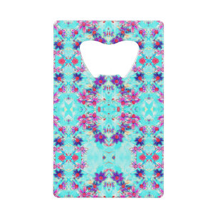 Cute Girly Purple Flower Pattern on Aqua Blue Credit Card Bottle Opener