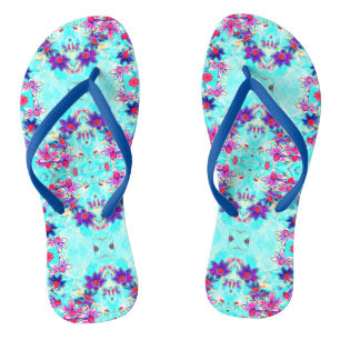 Cute Girly Purple Flower Pattern on Aqua Blue Flip Flops