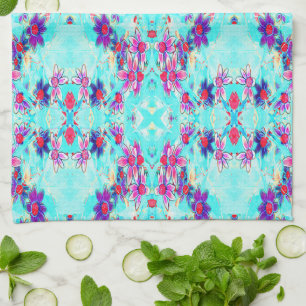 Cute Girly Purple Flower Pattern on Aqua Blue Kitchen Towel