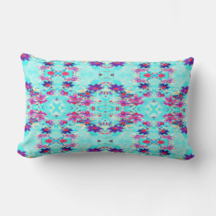 Cute Girly Purple Flower Pattern on Aqua Blue Lumbar Pillow