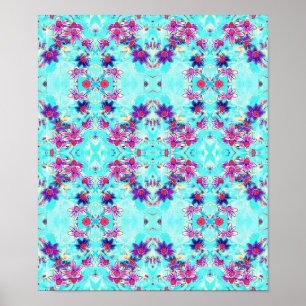 Cute Girly Purple Flower Pattern on Aqua Blue Poster