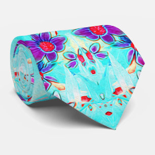 Cute Girly Purple Flower Pattern on Aqua Blue Tie