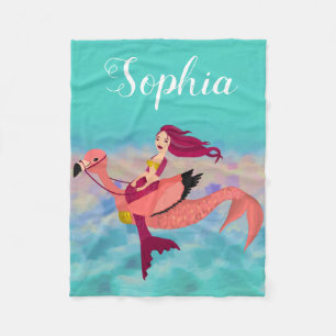 Cute Girly Purple Mermaid Flamingo With Name Fleece Blanket