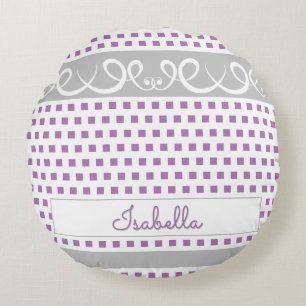Cute Girly Purple Polka Dots & Swirls Script Name Round Pillow