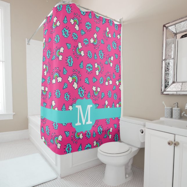 Cute Girly Rainbows Hearts & Gems Pattern Monogram (In Situ)
