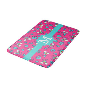 Cute Girly Rainbows Hearts & Gems Pattern Monogram Bath Mat