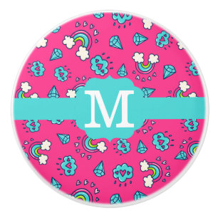 Cute Girly Rainbows Hearts & Gems Pattern Monogram Ceramic Knob