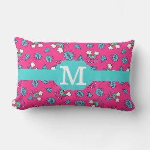 Cute Girly Rainbows Hearts & Gems Pattern Monogram Lumbar Pillow