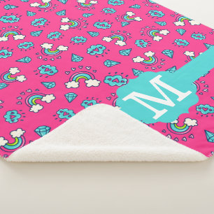 Cute Girly Rainbows Hearts & Gems Pattern Monogram Sherpa Blanket