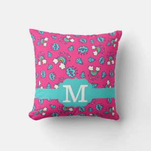 Cute Girly Rainbows Hearts & Gems Pattern Monogram Throw Pillow