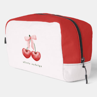 Cute Girly Red & Blush Pink Cherry Heart Bow  Dopp Kit