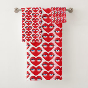 Cute Girly Red Heart Valentine Unique Pattern Bath Towel Set