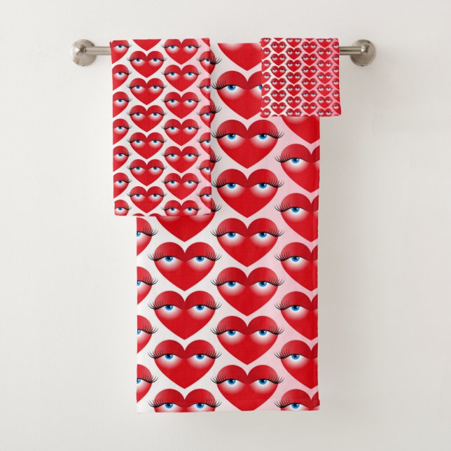 Cute Girly Red Heart Valentine Unique Pattern Bath Towel Set (Insitu)