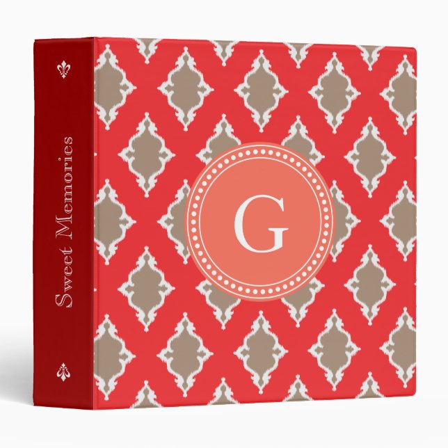 Cute girly red ikat tribal pattern monogram binder (Front/Spine)