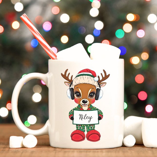 Cute Girly Reindeer Christmas Holiday Mug (Cute Christmas reindeer in Christmas pajamas, custom holiday mug.)